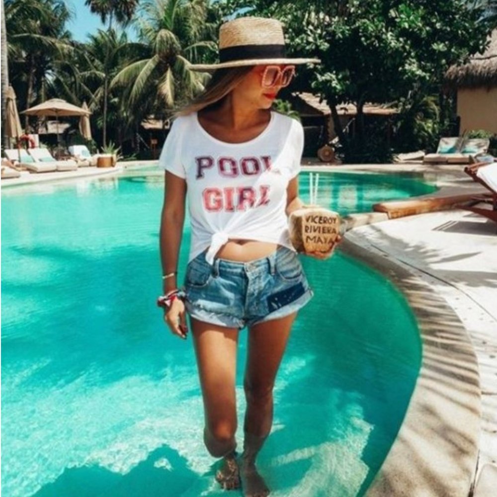 SALE Pool Girl Graphic Flowy Tee Holographic - Picture 1 of 3